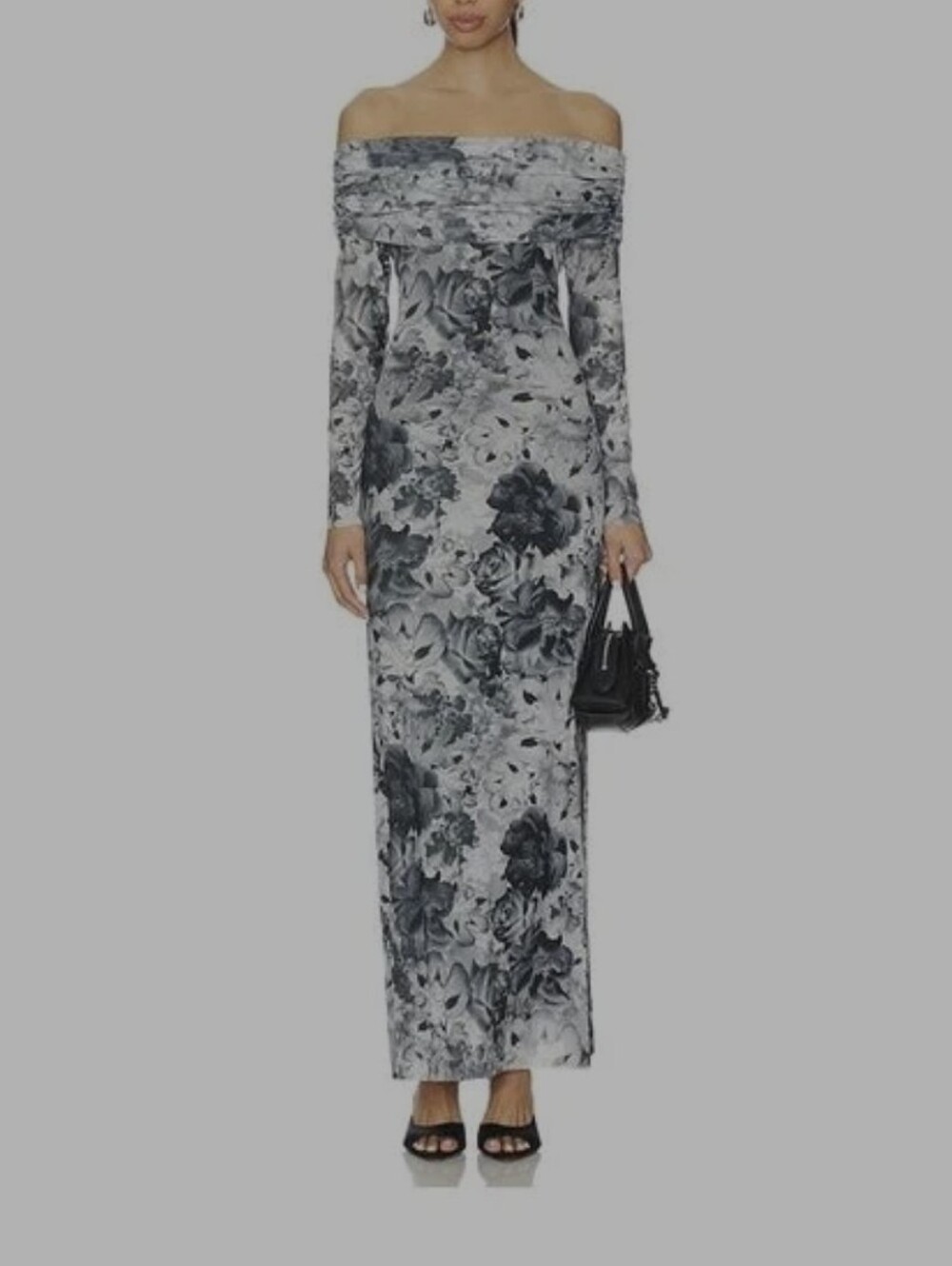 Steve Madden Off-Shoulder Long Sleeve Floral Maxi Dress Black & White Wedding